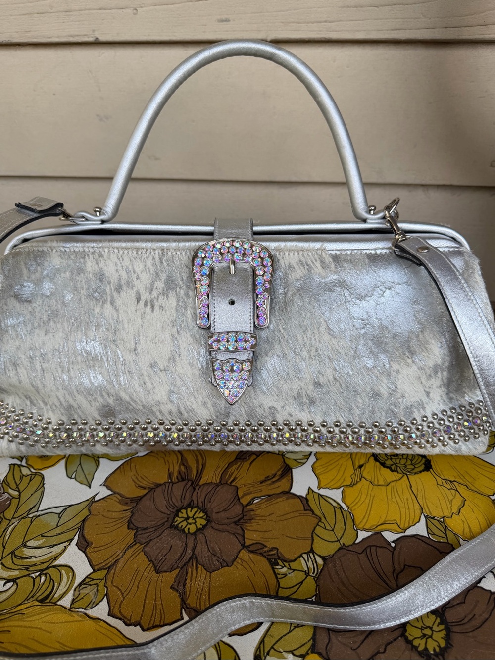 Raviani Western Silver Metallic Swarovski Crystals Bling BB Simon Buckle Satchel